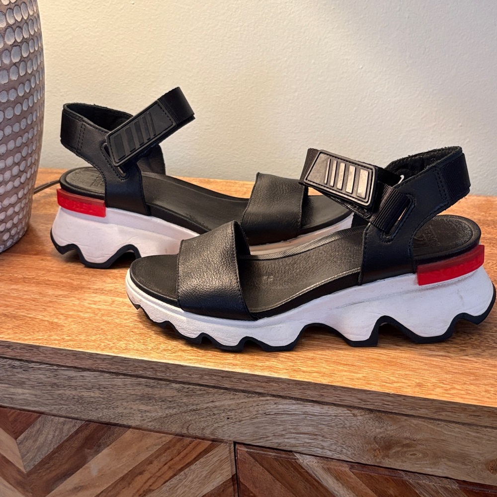 Sorel Black Sandals with White Sole and Red Detail